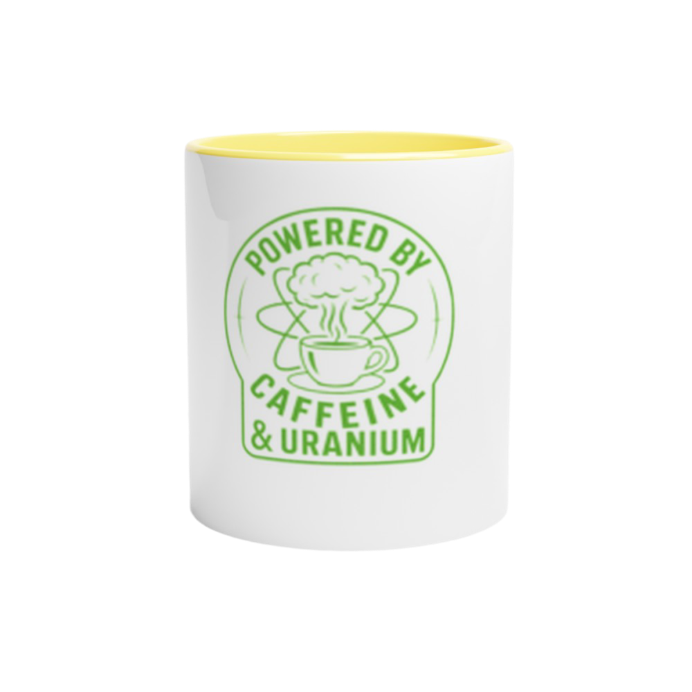 POWERED BY CAFFEINE AND URANIUM White 11oz Ceramic Mug – Colorful Inside Design
