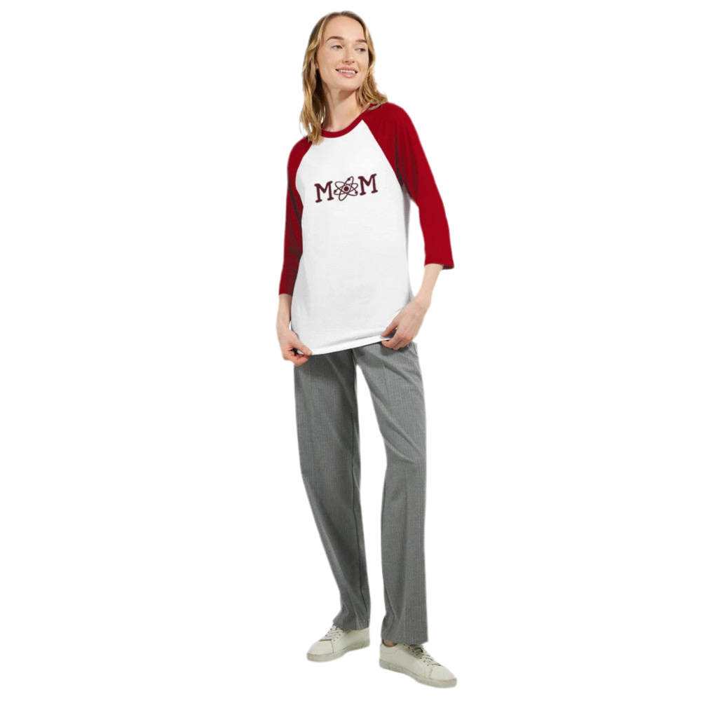 Unique Mother's Day T-Shirt – 'Mom' with Atom Symbol Design & 3/4 Sleeves